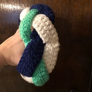 Crocheted, White, Green, and Blue headband.